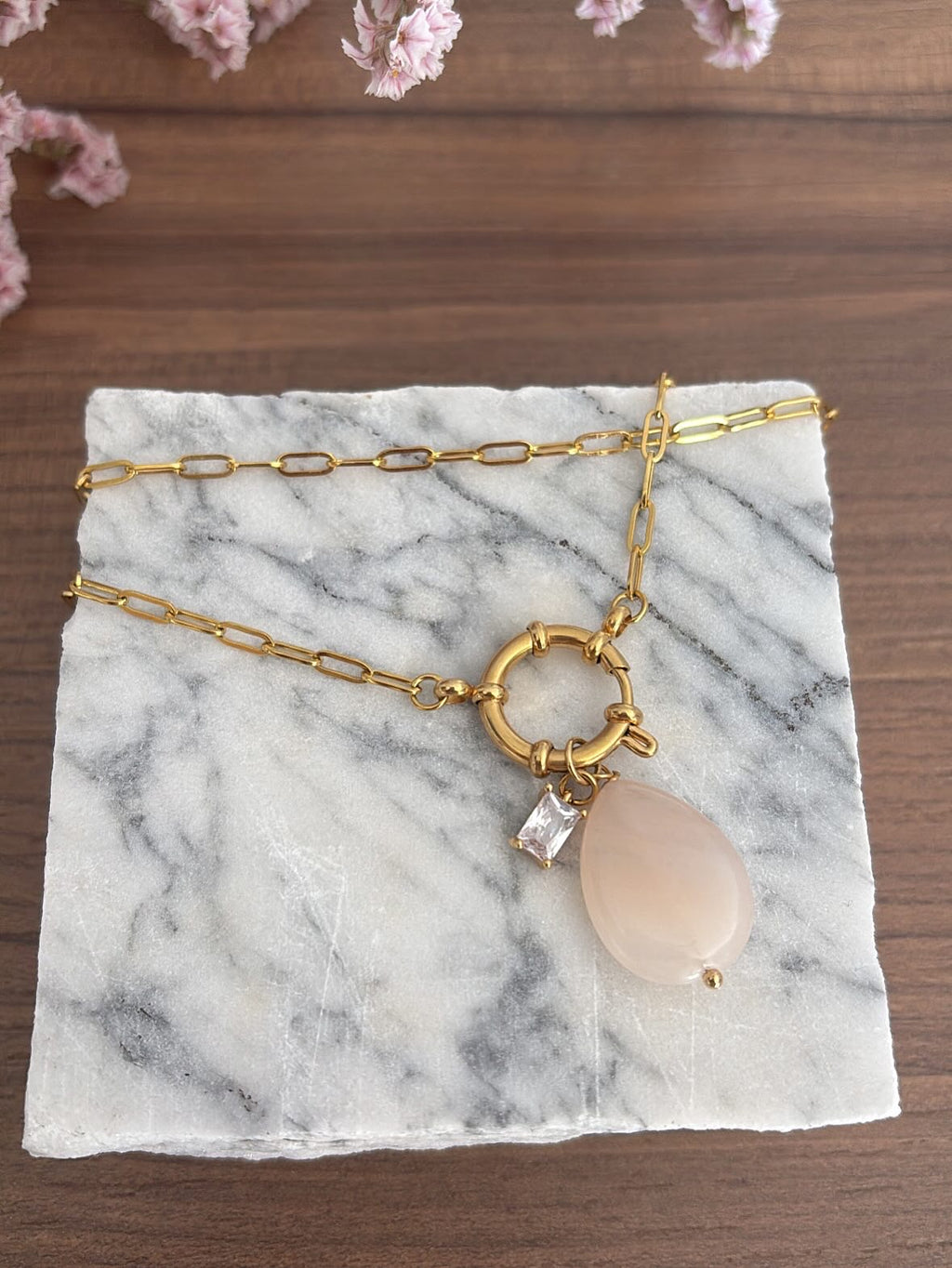 Collana timone goccia quarzo rosa