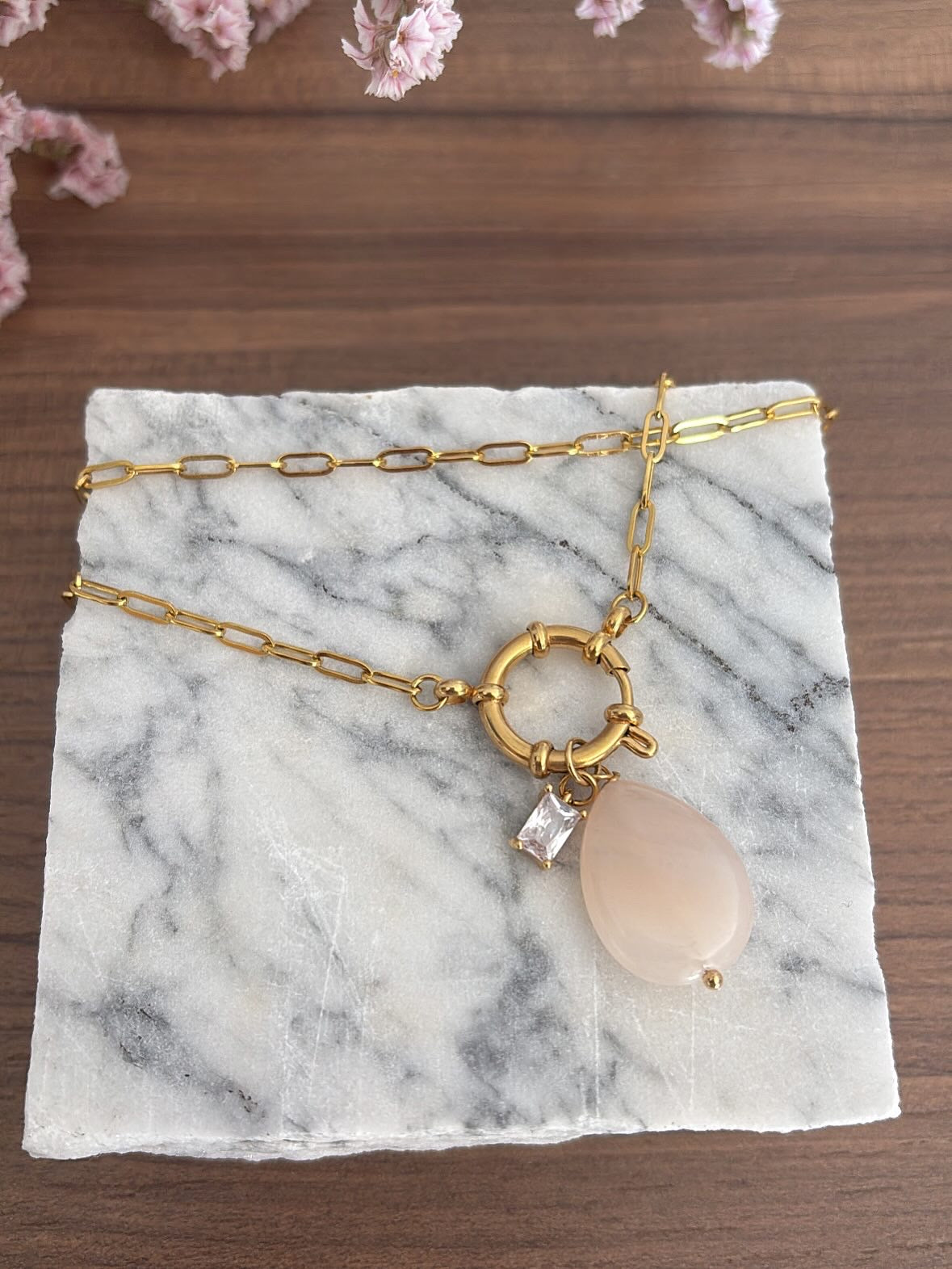 Collana timone goccia quarzo rosa