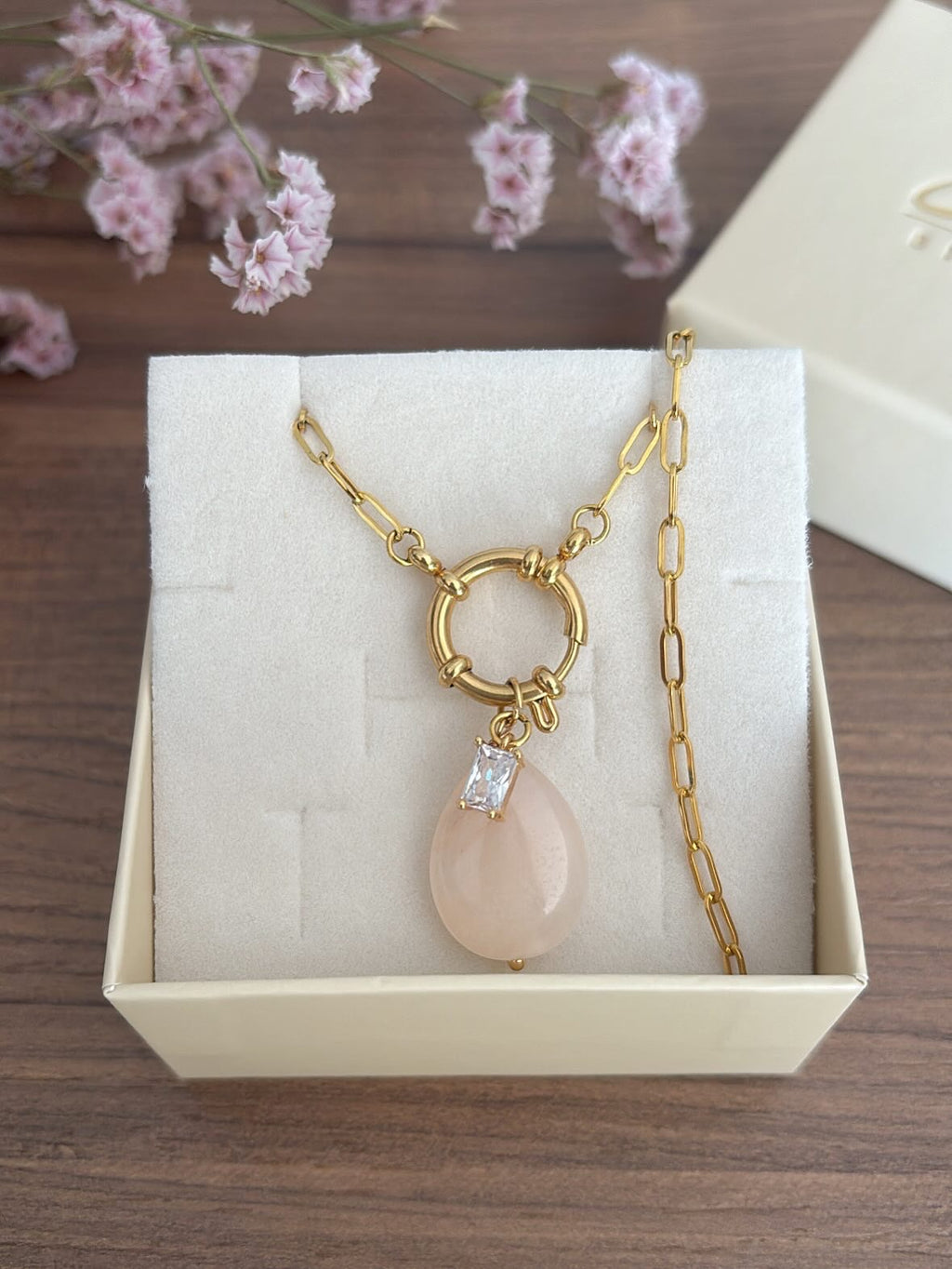 Collana timone goccia quarzo rosa