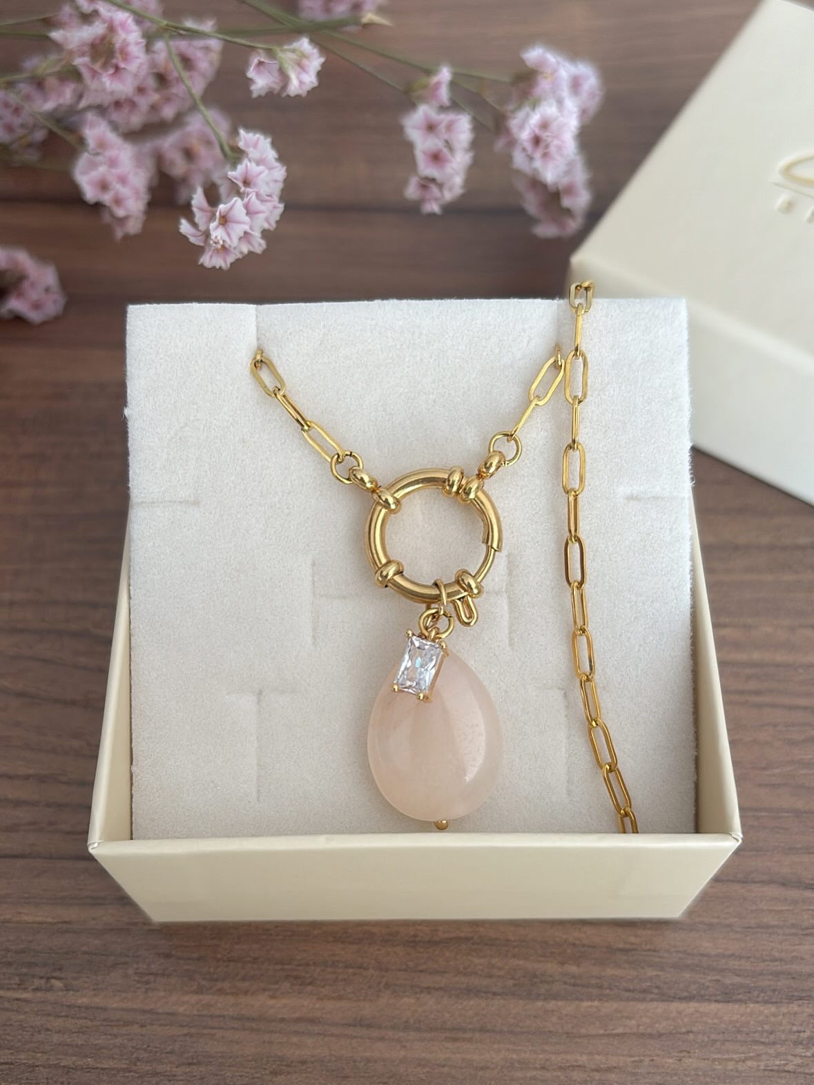 Collana timone goccia quarzo rosa